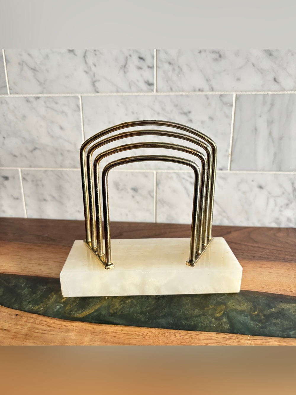 Vintage Art Deco Style Metal Letter Holder Desk Organizer on Marble Stone Base